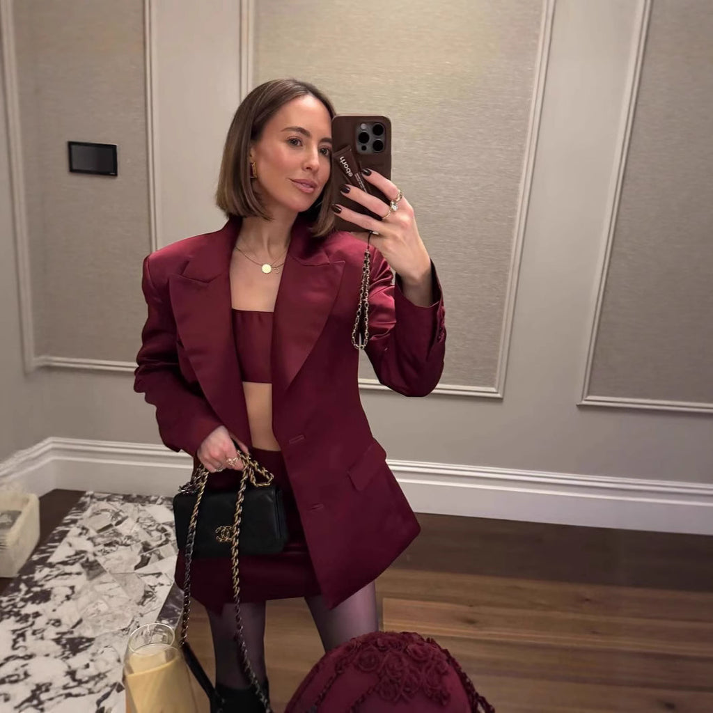 Burgundy Acetate Satin Fitted Waist Blazer And Skirt Set