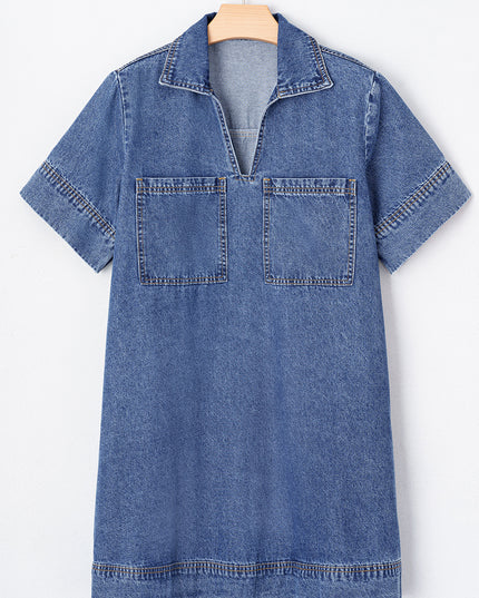 Blue Short Sleeve Collared Patched Pocket Denim Mini Dress