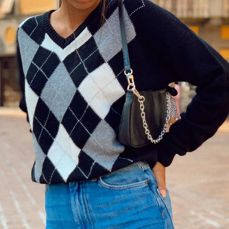 V-neck Checkered wool knit Sweater top
