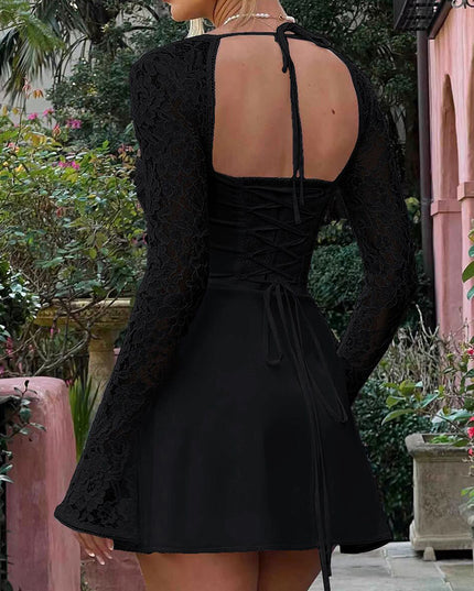 Y2K Lace Long Sleeve Backless Lace Up Short Dress