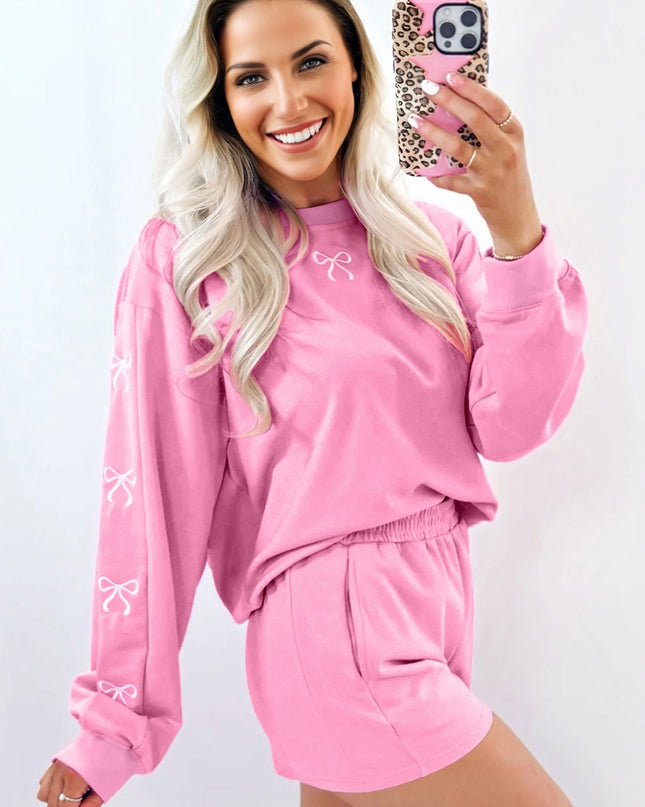 Sachet Pink Girly Bow Embroidered Detail Puff Sleeve Pullover 2pcs Short Set