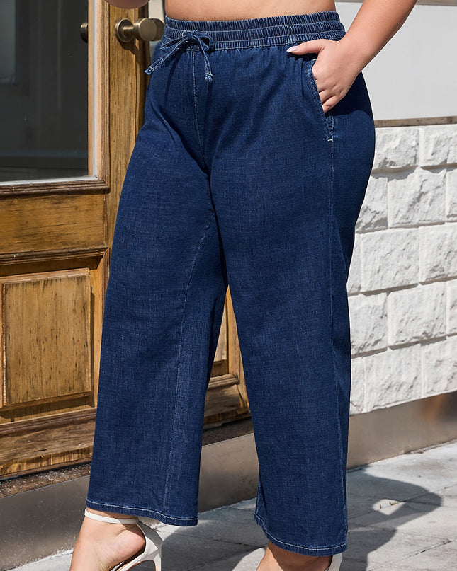 Real Teal Plus Size Drawstring High Waist Wide Leg Casual Jeans