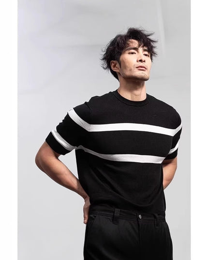 Men's Retro-style Round-neck Knitted Top With Ice Silk Short Sleeves
