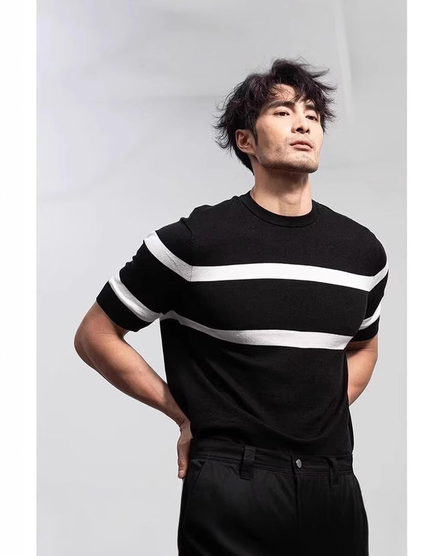 Men's Retro-style Round-neck Knitted Top With Ice Silk Short Sleeves