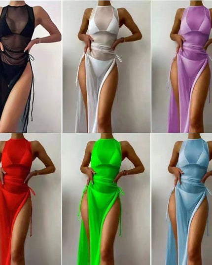 3 Piece set Swimsuit Solid Color Mesh with Split
