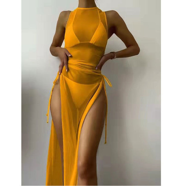3 Piece set Swimsuit Solid Color Mesh with Split