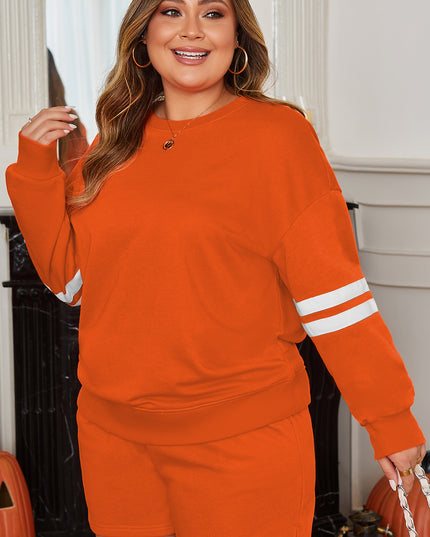 Orange Plus Size Varsity Striped Drop Shoulder Pullover Drawstring Elastic Waistband Short Set