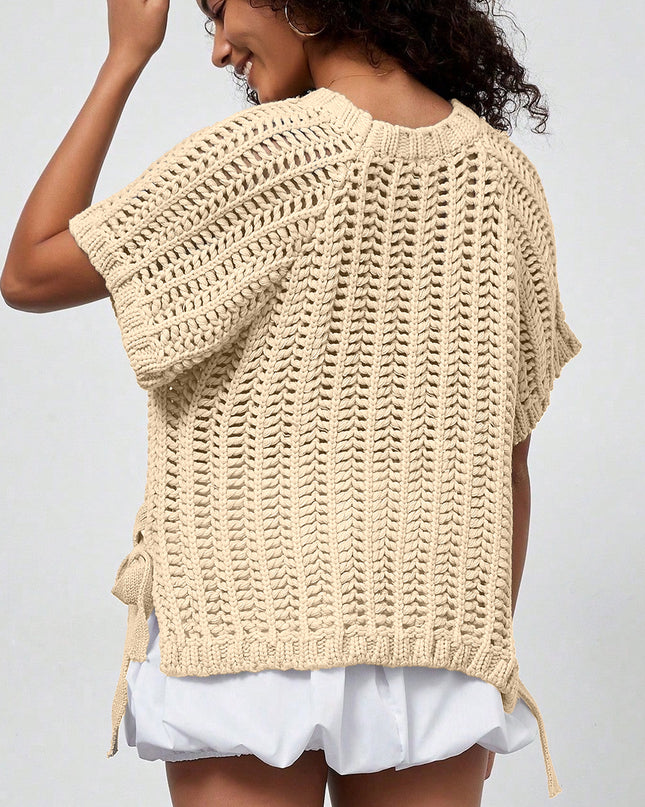 Ashleigh Blue Plus Size Open Knit Bow Tie Short Sleeve Sweater
