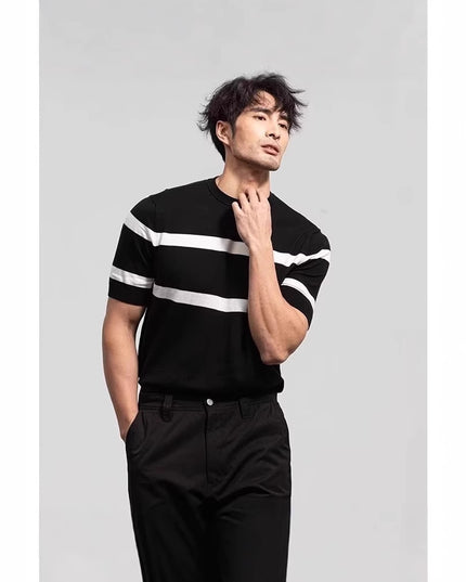 Men's Retro-style Round-neck Knitted Top With Ice Silk Short Sleeves
