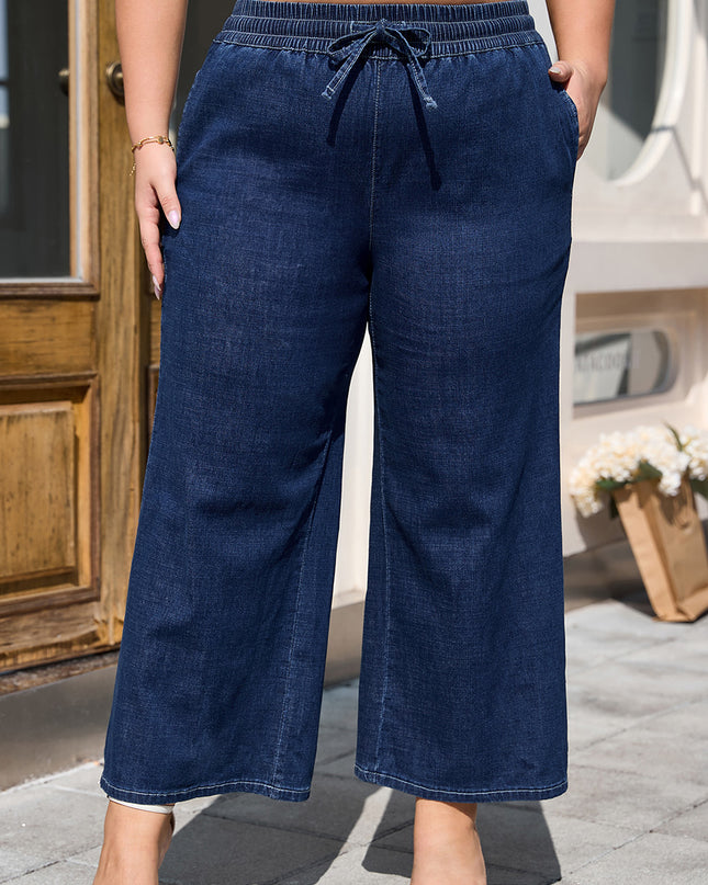 Real Teal Plus Size Drawstring High Waist Wide Leg Casual Jeans