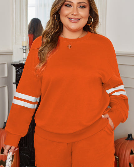 Orange Plus Size Varsity Striped Drop Shoulder Pullover Drawstring Elastic Waistband Short Set