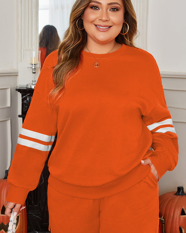 Orange Plus Size Varsity Striped Drop Shoulder Pullover Drawstring Elastic Waistband Short Set
