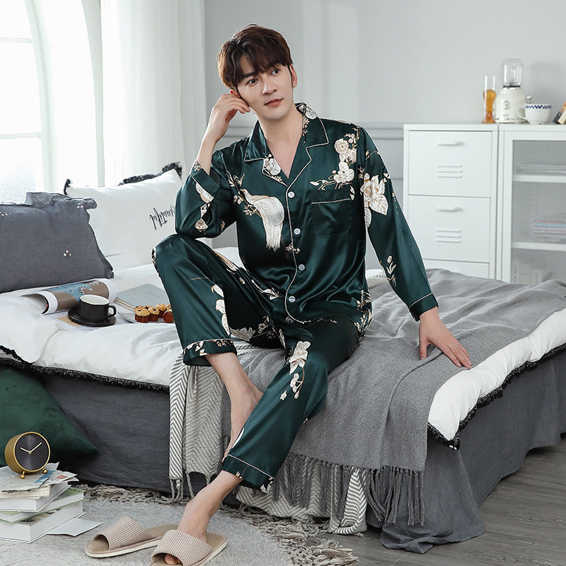 Ice Silk Couple Pajamas Spring And Summer Long-sleeved Printed Silk Pajamas