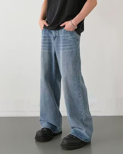 Mens Straight-Leg Relaxed-Fit Vintage Blue Denim Jeans In American Style