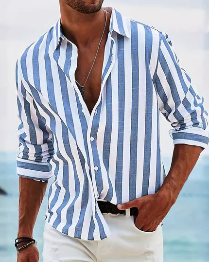 Men's Yarn-dyed Striped Casual Loose Long-sleeved Shirt