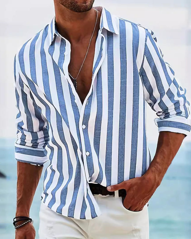 Men's Yarn-dyed Striped Casual Loose Long-sleeved Shirt