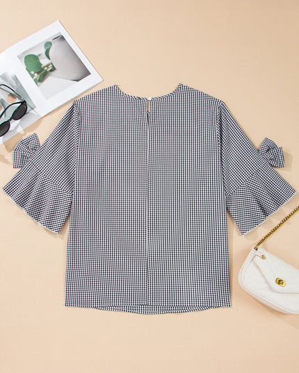 Black Plus Size Plaid Bow Decor Bell Sleeve Round Neck Jumper