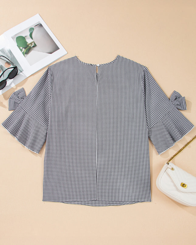 Black Plus Size Plaid Bow Decor Bell Sleeve Round Neck Jumper