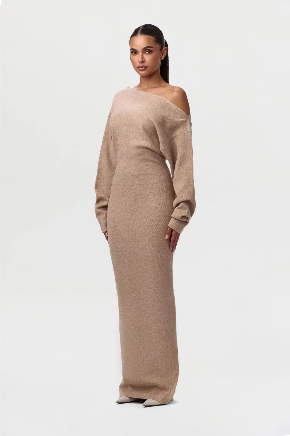 Long Sleeve Knitted Off-shoulder Bodycon Long Dresses
