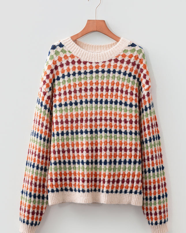 Multicolour Dotty Striped Pattern Knit Drop Shoulder Sweater
