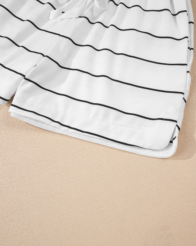 White Stripe Zip up Drop Shoulder Pullover and Short 2pcs Outfit
