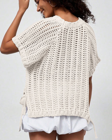 Ashleigh Blue Plus Size Open Knit Bow Tie Short Sleeve Sweater