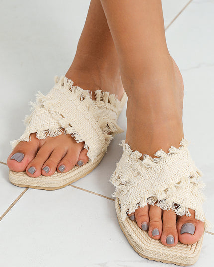 Beige Tassel Woven Crossed Straps Flat Slippers