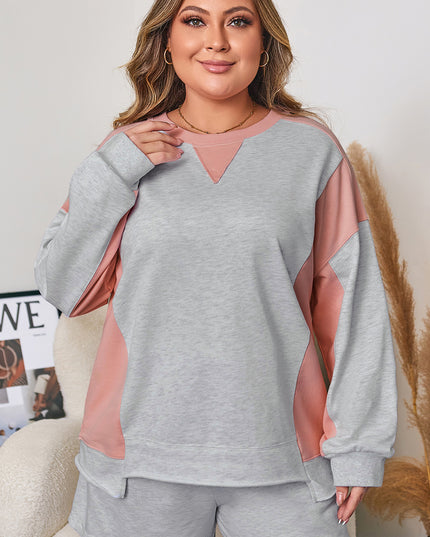 Light Grey Uneven Hem Colorblock Pullover Casual Shorts Plus Size 2pcs Outfit