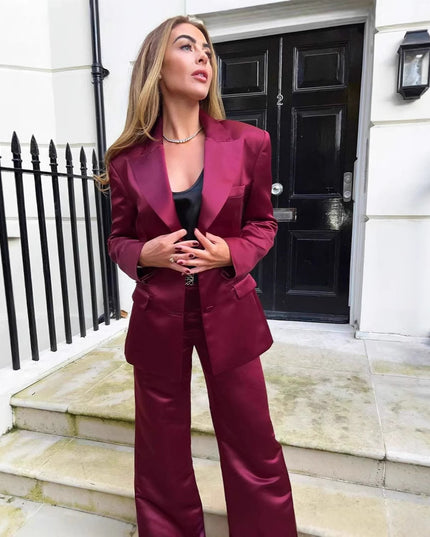 Burgundy Satin Fitted Waist Blazer And Skirt Set