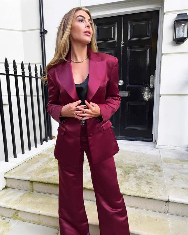 Burgundy Satin Fitted Waist Blazer And Skirt Set