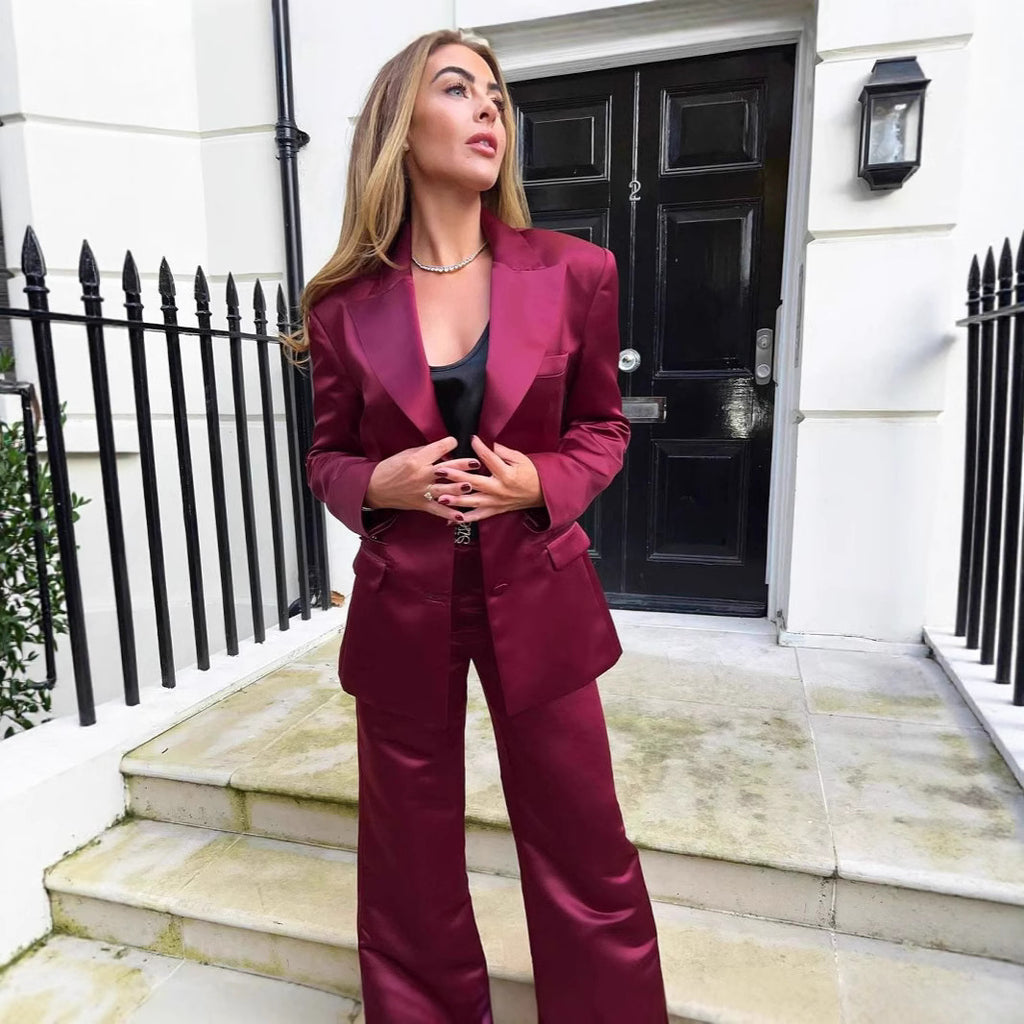 Burgundy Acetate Satin Fitted Waist Blazer And Skirt Set