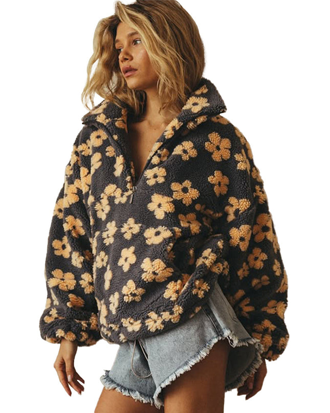 Winter Pullover Flowers Sweatshirt With Big Pockets