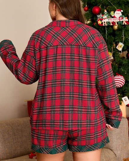 Red Plus Size Plaid Contrast Patchwork Long Sleeve Shirt and Shorts 2pcs Pajama Set