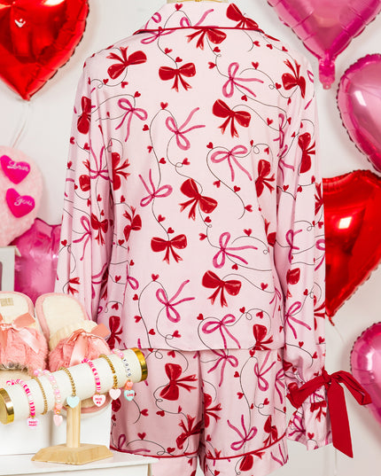 Red Bow Print Valentine Long Sleeve Shirt Shorts 2 Pcs Pajama Set