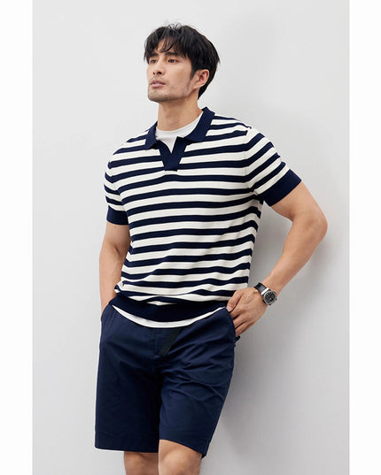 Summer New Ice Silk Short Sleeve Knitted Men's V-neck Lapel Slim