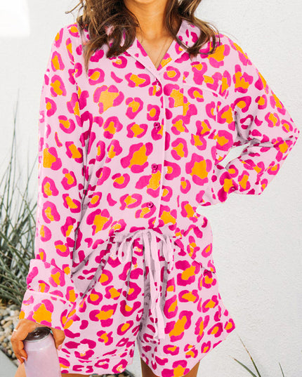 Orange Leopard Print Long Sleeve Shirt and Shorts Pajama Set