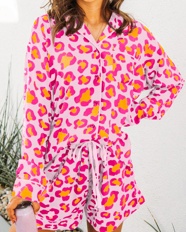 Orange Leopard Print Long Sleeve Shirt and Shorts Pajama Set