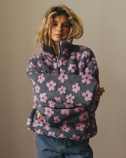 Winter Pullover Flowers Sweatshirt With Big Pockets