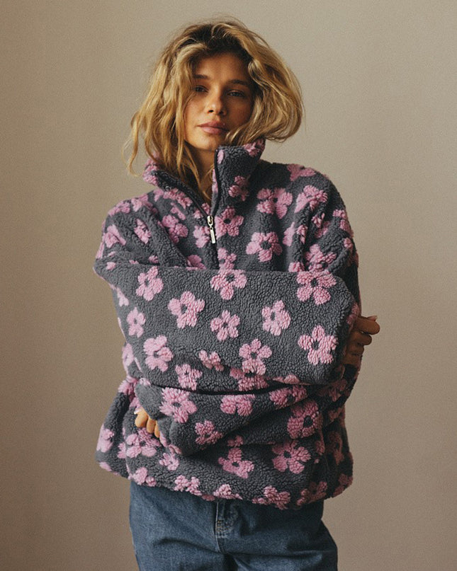 Winter Pullover Flowers Sweatshirt With Big Pockets
