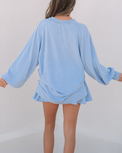 Sky Blue Corded Lantern Sleeve Top High Waist Ruffled Mini Skort Set