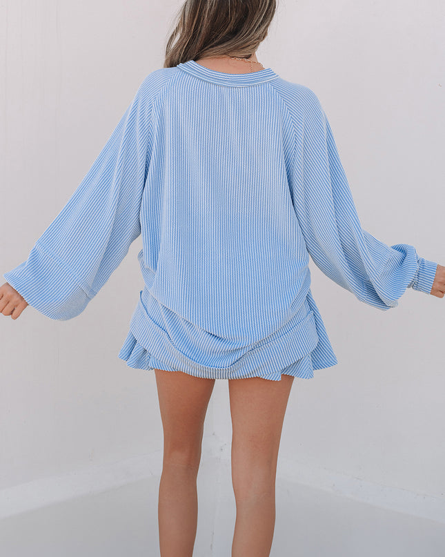Sky Blue Corded Lantern Sleeve Top High Waist Ruffled Mini Skort Set