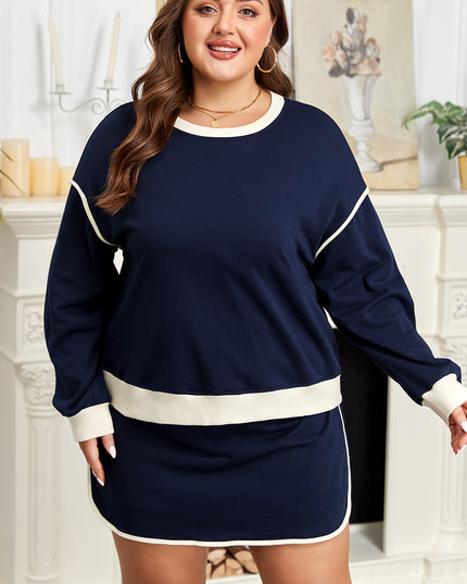 Navy Blue Plus Color Block Drop Shoulder Top and Lace-up Skirt Outfit