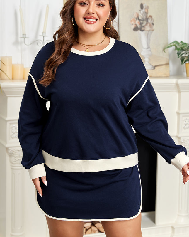 Navy Blue Plus Color Block Drop Shoulder Top and Lace-up Skirt Outfit