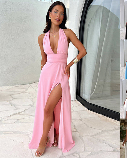 Halter neck Backless V-neck Slit Dress
