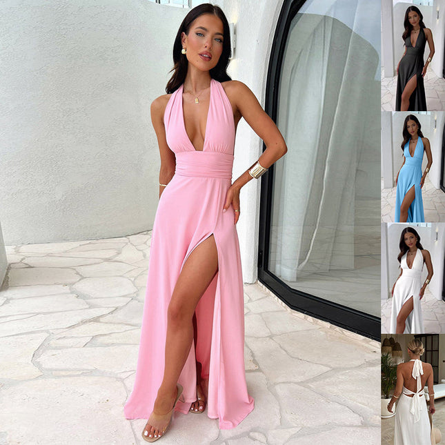 Halter neck Backless V-neck Slit Dress