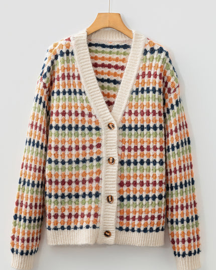 Multicolour Dotty Pattern Knit Button Front V Neck Sweater Cardigan