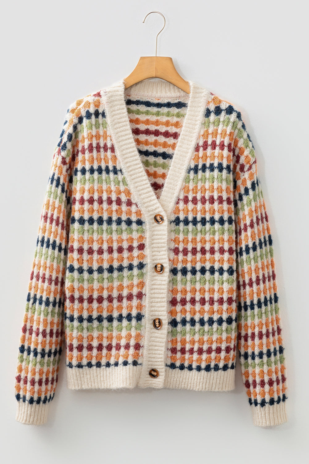 Multicolour Dotty Pattern Knit Button Front V Neck Sweater Cardigan