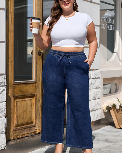 Real Teal Plus Size Drawstring High Waist Wide Leg Casual Jeans