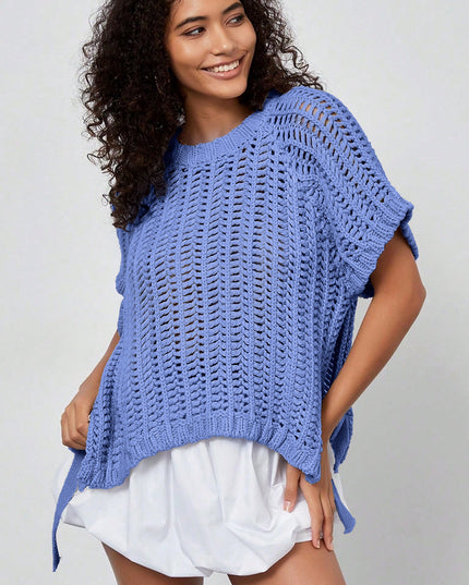 Ashleigh Blue Plus Size Open Knit Bow Tie Short Sleeve Sweater