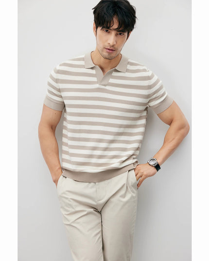 Summer New Ice Silk Short Sleeve Knitted Men's V-neck Lapel Slim